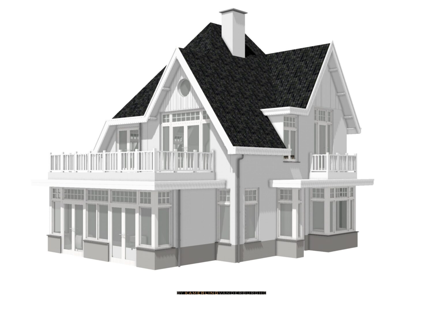 3D-model van Villa Zeezicht in grijs, met de duinen en de zee