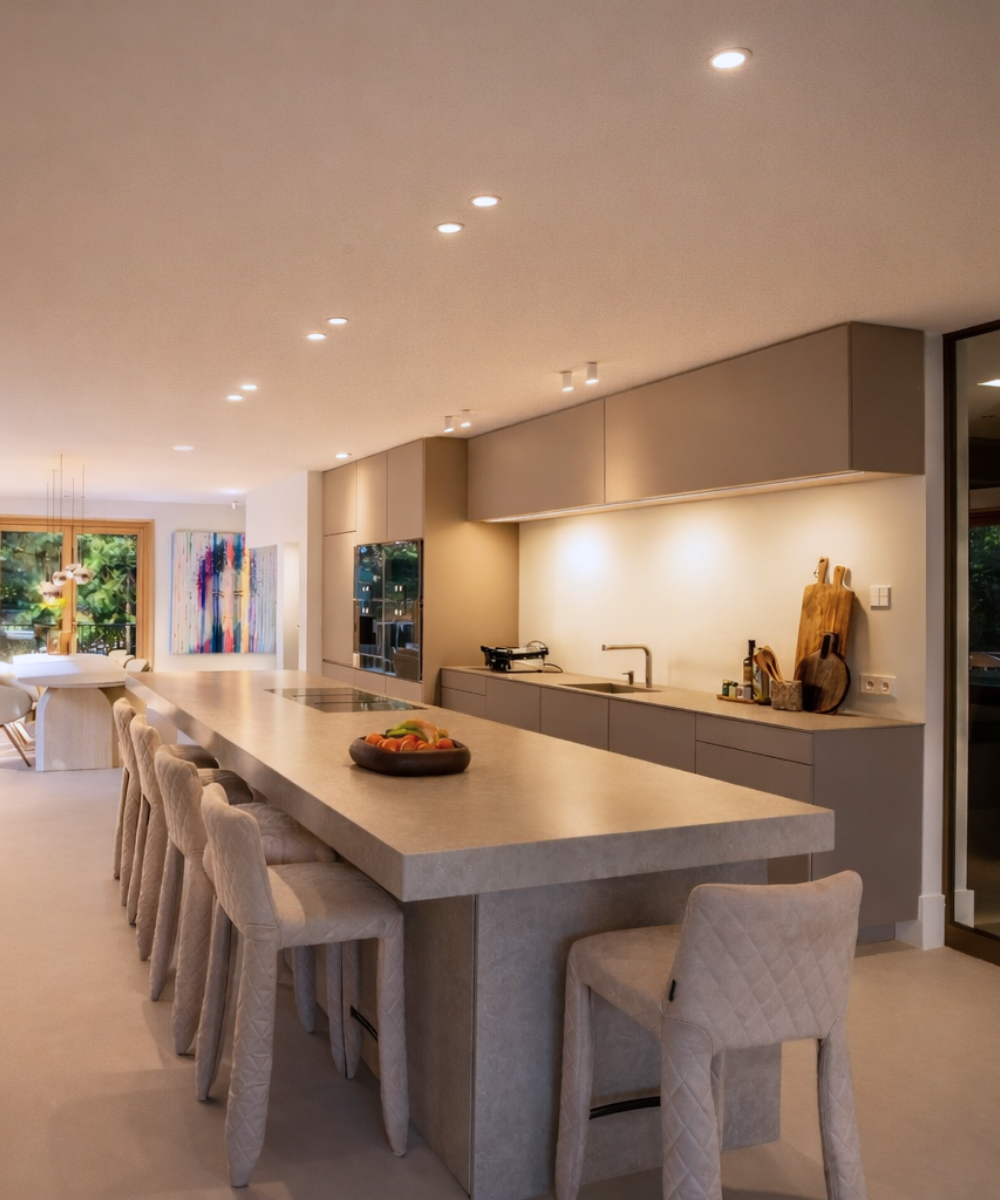 keuken met licht aan en cermisch blad