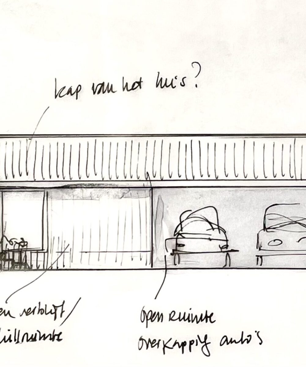Ontwerpschets van de garage met buitenkeuken in de tuin