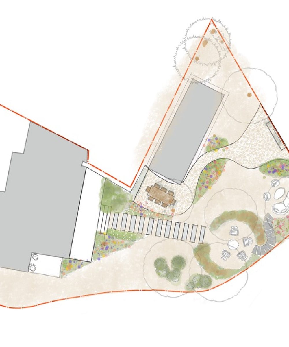 Tuinontwerp in kleur met halfverharding, plantvakken en bijgebouw