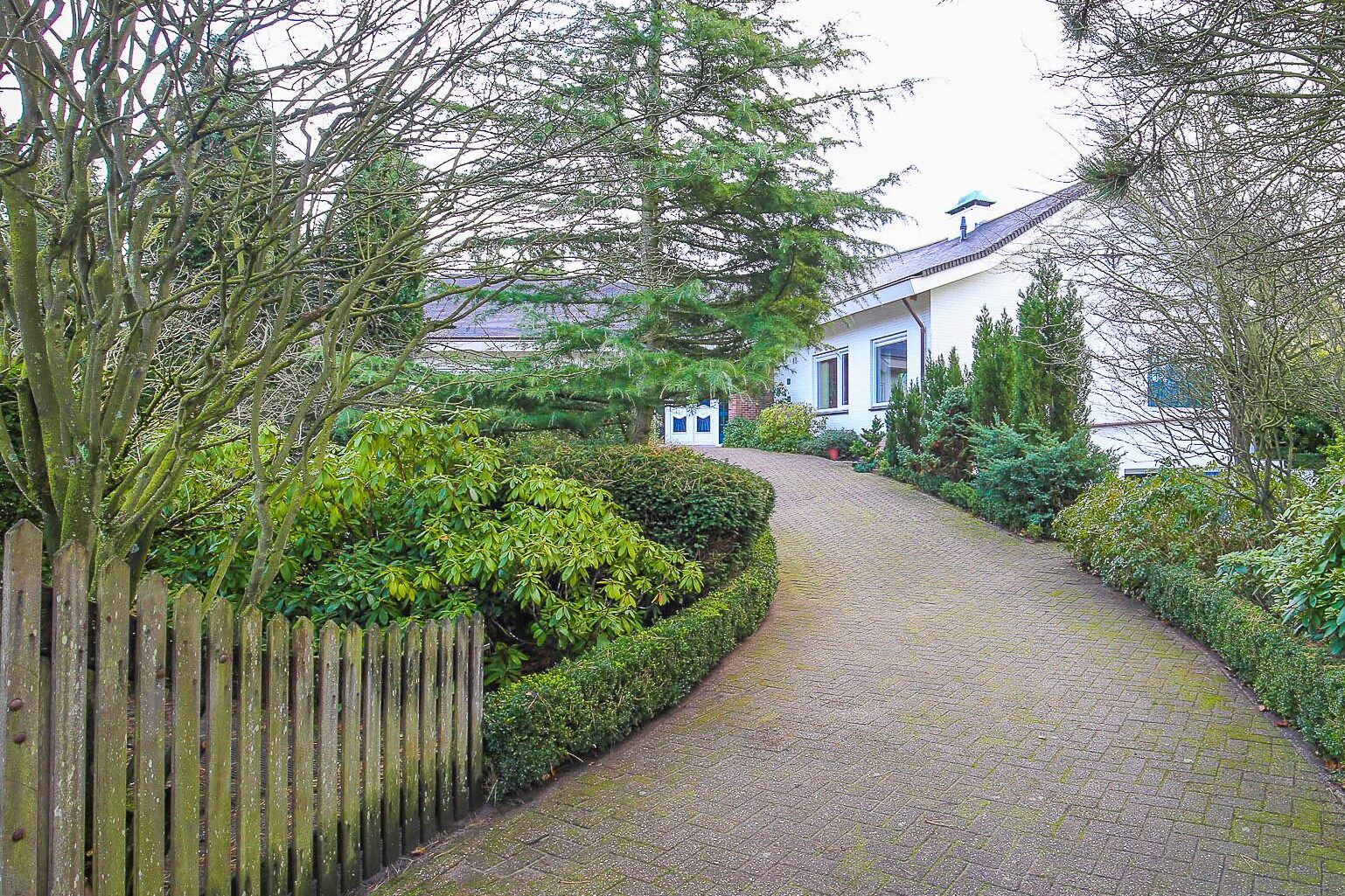 Oprit van Villa Boechorst in Noordwijk voor de verbouwing, met klinkers en dichte beplanting
