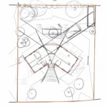 Schets van het tuinontwerp rond Villa Boechorst, met bestaande bomen en terrassen