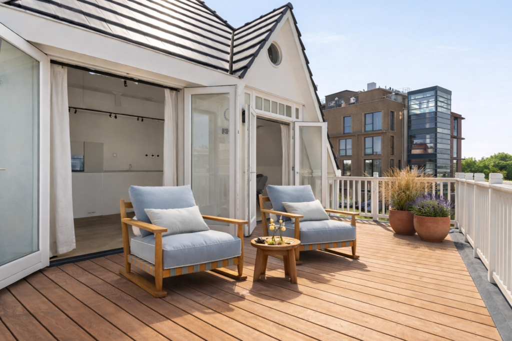 Houten dakterras van Villa Zeezicht met loungestoelen, direct aan de leefverdieping op de eerste etage