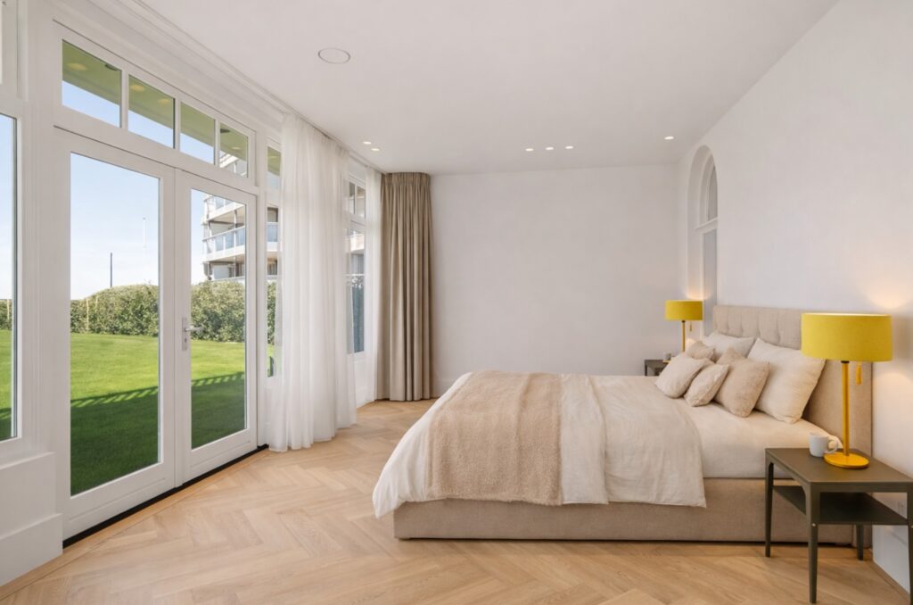 Visualisatie van de hoofdslaapkamer in Villa Zeezicht met visgraatvloer en tuindeuren, ontwerp KamerlingvanderBurgh